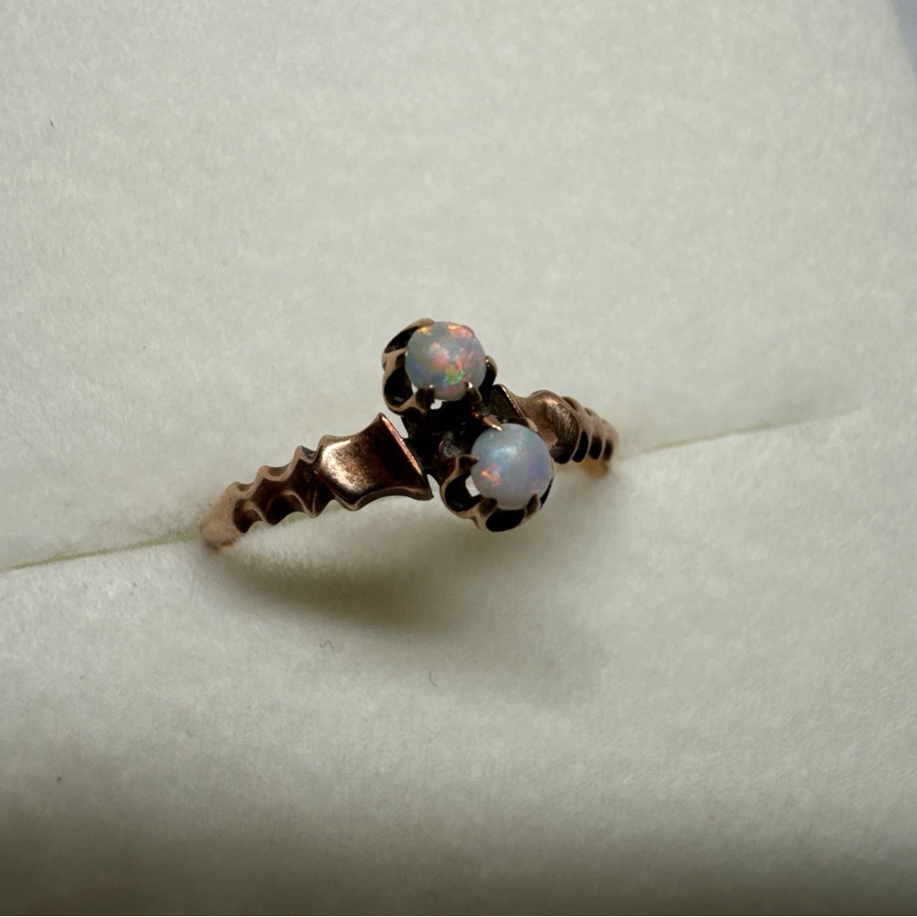 Victorian 10k Yellow Gold Two Double Opal Ring Sz 5.5 Vintage Antique Claw Set